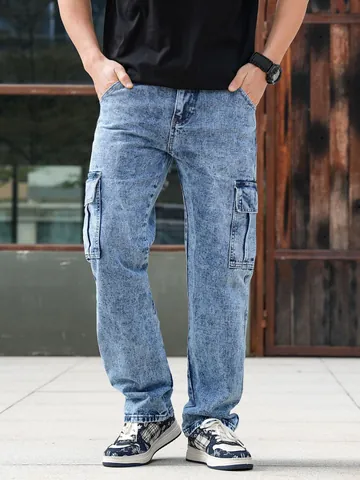 Men's Vintage Cargo Jeans Loose Fit Straight Leg Multi-Pocket Denim Pants Heavyweight Cotton Acid Wash Casual Work Trousers