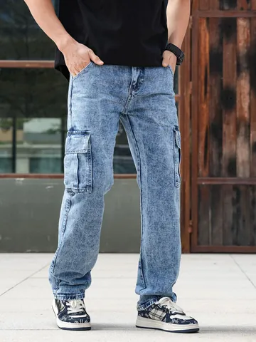 Men's Vintage Cargo Jeans Loose Fit Straight Leg Multi-Pocket Denim Pants Heavyweight Cotton Acid Wash Casual Work Trousers