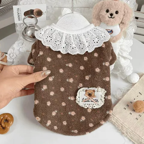 Pet Dog Cat Winter Clothes Lace Collar Floral Pattern Fleece Sweatshirt For Teddy Pomeranian Small Dogs Cat Little Bear Brown