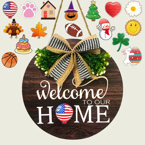 Interchangeable Seasonal Welcome Sign For Front Door Porch Decor Wooden Welcome To Our Home Sign With Sixteen Holiday Icons