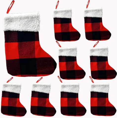 Buffalo Plaid Christmas Stocking With Faux Fur Cuff Red Black Checkered Holiday Gift Bag For Xmas Tree Fireplace Decor