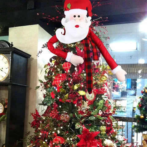 Christmas Santa Claus Tree Topper Decoration Brushed Fabric Long Arm Hugging Design For Xmas Tree Home Holiday Party Decor
