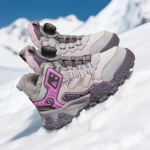 Kids Winter Outdoor Snow Boots Fleece Lined Warm Sneakers With Rotary Buckle Quick Lace Waterproof Anti-slip Ankle Boots