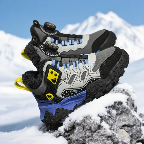 Kids Winter Outdoor Snow Boots Fleece Lined Warm Sneakers With Rotary Buckle Quick Lace Waterproof Anti-slip Ankle Boots