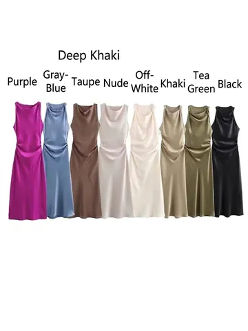 Women Elegant Satin Sleeveless Midi Dress Cowl Neck Ruched Side Slim Fit Cocktail Party Evening Fashion Summer Dress