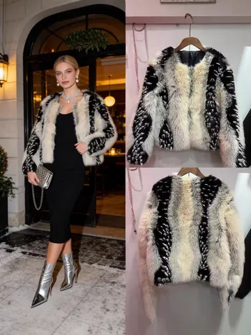 Cappotto in Pelliccia Ecologica Invernale da Donna Elegante Patchwork a Contrasto Giacca Calda Girocollo Manica Lunga Lussuosa