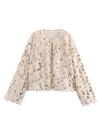 Damen Funkelnde Pailletten Shaggy Jacke Elegante Rundhals Langarm Strickjacke Vintage Party Abendmode Oberteil Top