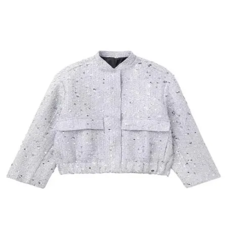 Women's Street Fashion Sequin Tweed Jacket Gold Silver Black Sequin Short Jacket Outerwear With Pockets Casual Loose Fit Top
