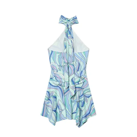 Damen Sommer Neckholder Ärmellos Mini Kleid Abstraktes Wellenmuster Druck Ausgestellter Saum Metallschnalle Polyester Kleid Lässig Party Strand Mode