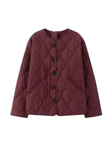 Veste Matelassée à Col Rond pour Femme Automne Hiver Simple Polyvalente en Polyester à Manches Longues Boutonnée Extérieur Décontracté