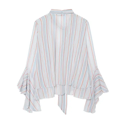 Chemisier à Rayures pour Femmes avec Volants et Col Noué Haut à Manches Longues Décontracté Semi Transparent Chemise Polyester