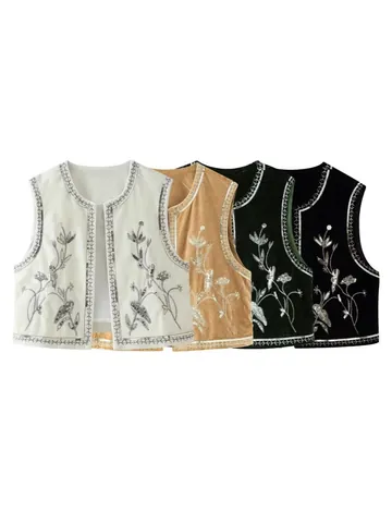 Women's Western Style Sleeveless Embroidered Sequin Open Front Vest Waistcoat Casual Fashion Polyester Outerwear Top