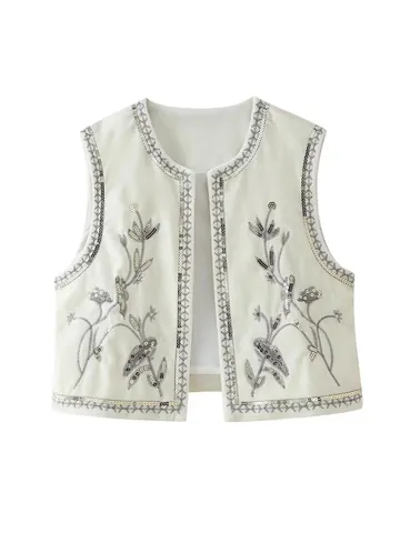 Women's Western Style Sleeveless Embroidered Sequin Open Front Vest Waistcoat Casual Fashion Polyester Outerwear Top