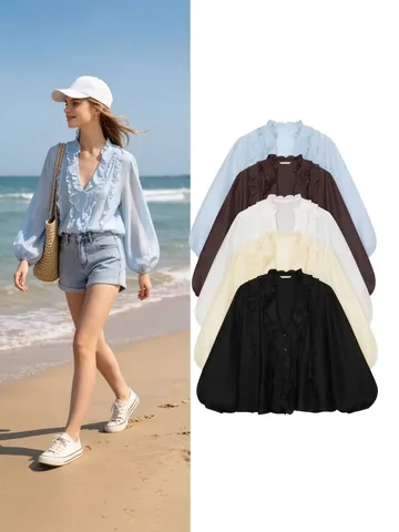 Camicetta da Donna Dolce in Stile Francese Scollo a V con Volant Decorazione a Strati Maniche Lunghe a Lanterna Top in Poliestere