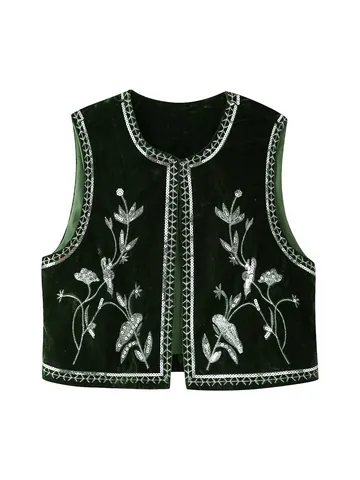 Women Vintage Velvet Vest Sleeveless Open Front Waistcoat Floral Sequin Embroidery Ethnic Style Casual Outerwear Top