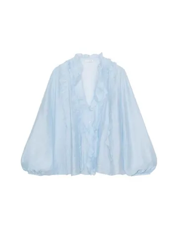 Camicetta da Donna Dolce in Stile Francese Scollo a V con Volant Decorazione a Strati Maniche Lunghe a Lanterna Top in Poliestere