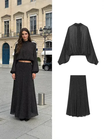 Dames Vintage Stippenprint Overhemd En Midi Rok Set Elegant Strik Chiffon Gevoel Top And Bottom Zomer Casual Mode Tweedelig Pak