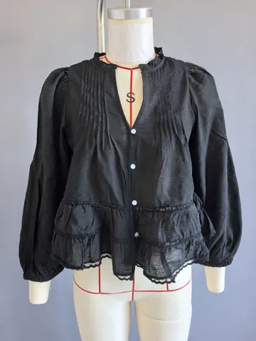 Camicetta a Maniche Lunghe con Volant in Pizzo Vintage Francese per Donna in Poliestere Ricamato Scollo a V a Pieghe Top Elegante