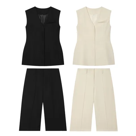 Women V-Neck Sleeveless Vest And High Waist Wide Leg Shorts Top And Bottom Solid Color Streetwear Summer Casual Outfits