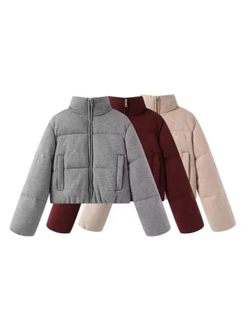 Women Stand Collar Padded Puffer Jacket Knit Texture Warm Winter Coat Long Sleeve Solid Color Zipper Casual Thick Outerwear