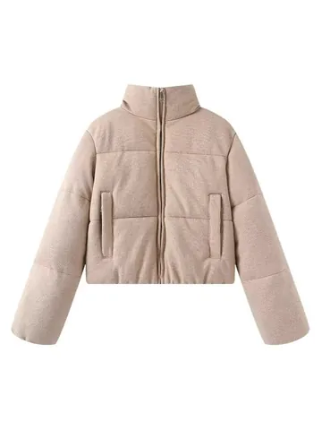 Women Stand Collar Padded Puffer Jacket Knit Texture Warm Winter Coat Long Sleeve Solid Color Zipper Casual Thick Outerwear