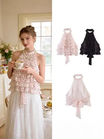Top da Donna con Scollo all'Americana e Pois Dolce a Strati con Volant Senza Maniche in Poliestere Moda Estiva Elegante Top con Fiocco Posteriore