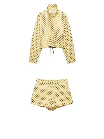 Women Polka Dot Polyester Jacket Fashion Long Sleeve Stand Collar Drawstring Seersucker Top Casual Streetwear Spring Summer