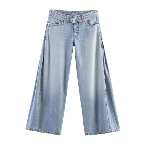 Women High Waist Straight Jeans Casual Light Blue Denim Wide Leg Pants Streetwear Patchwork Washed Fashion Trousers