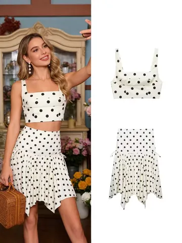 Conjunto de Top Corto y Falda Midi a Lunares para Mujer Cuello Cuadrado Sin Mangas y Falda Fruncida Asimétrica Dos Piezas