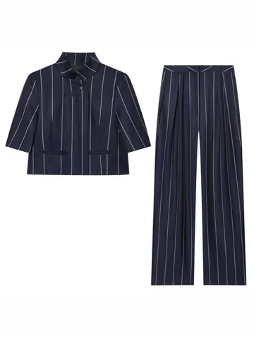 Women Pinstripe Short Sleeve Crop Top And High Waist Straight Leg Bottom Navy Blue Woven Casual Fashion Suit