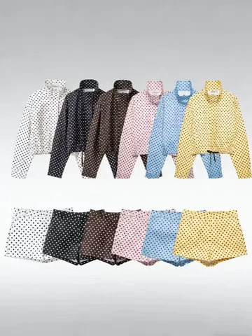 Women Polka Dot Polyester Jacket Fashion Long Sleeve Stand Collar Drawstring Seersucker Top Casual Streetwear Spring Summer