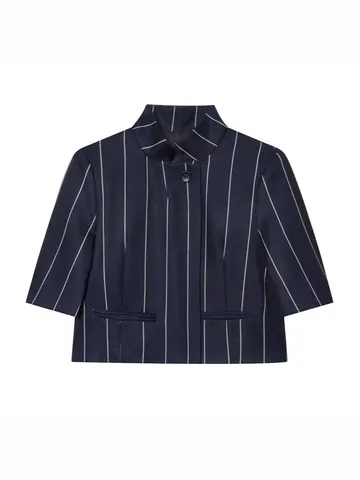 Women Pinstripe Short Sleeve Crop Top And High Waist Straight Leg Bottom Navy Blue Woven Casual Fashion Suit