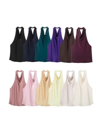 Women Sexy Halter Neck Backless Satin Top Elegant Cowl Neck Polyester Camisole Party Clubwear Evening Sleeveless Solid Top