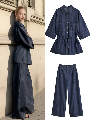 Women's Denim Polyester Patchwork Set Lapel 3/4 Sleeve Tie-Waist Shirt Jacket And Wide-Leg Pants Set Casual Two-Piece Outfit