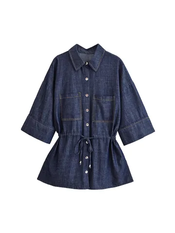 Women's Denim Polyester Patchwork Set Lapel 3/4 Sleeve Tie-Waist Shirt Jacket And Wide-Leg Pants Set Casual Two-Piece Outfit
