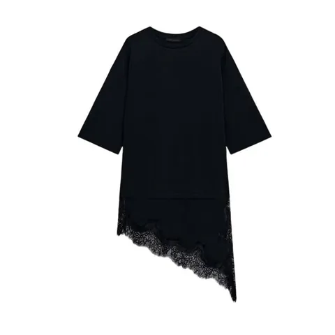 Women Casual Asymmetrical Lace Patchwork Hem T-Shirt Elegant Crew Neck Loose Short Sleeve Long Top Solid Color Daily Wear