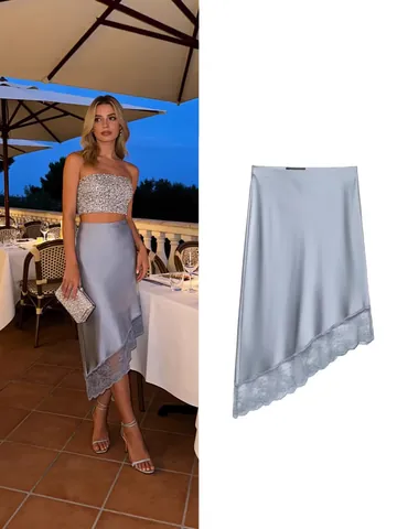 Falda Midi de Satén Asimétrica Elegante para Mujer Patchwork de Encaje Color Sólido Gris Plateado Falda con Abertura Lateral