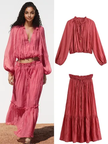 Women's Pleated Long Sleeve Crop Top And Tiered Maxi Skirt 2 Piece Set Drawstring Ruched Outfits Polyester Pink Set