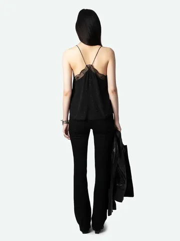 French Style Women Romantic Black Viscose Diamante Lace Trim V-Neck High-Low Hem Slip Midi Dress Elegant Party Outfits