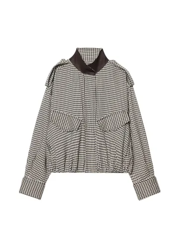 Women Retro Plaid Bomber Jacket And Midi Skirt Top And Bottom Set Long Sleeve Houndstooth Outfit For Office Daily Wear