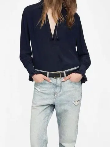 Women's Elegant Viscose Satin Blouse Crinkled V-Neck Long Sleeve Shirt With Ruffle Cuffs Slim Fit Commuter Top Navy Blue