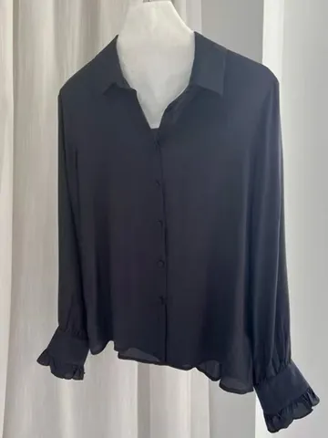 Women's Elegant Viscose Satin Blouse Crinkled V-Neck Long Sleeve Shirt With Ruffle Cuffs Slim Fit Commuter Top Navy Blue
