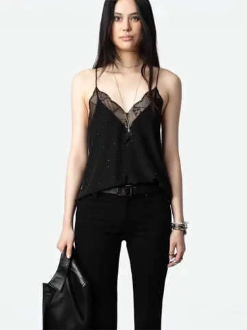 French Style Women Romantic Black Viscose Diamante Lace Trim V-Neck High-Low Hem Slip Midi Dress Elegant Party Outfits