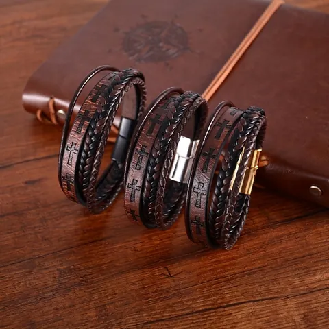 Handmade Genuine Leather Braided Bracelet For Men Women Retro Cross Pattern Alloy Magnetic Clasp Punk Style Unisex Bangle Jewelry