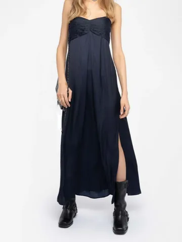 Damen Elegantes Gerüschtes Viskose Satin Kleid Seitlicher Schlitz Verstellbare Träger Midi Kleid Rücken Smocking Party Mode