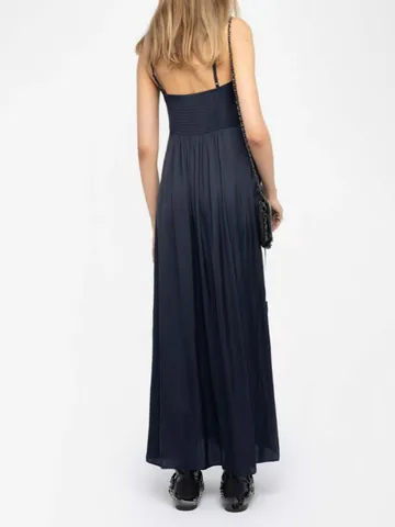 Damen Elegantes Gerüschtes Viskose Satin Kleid Seitlicher Schlitz Verstellbare Träger Midi Kleid Rücken Smocking Party Mode