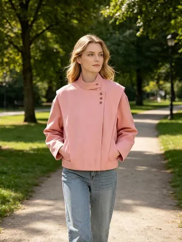Women Pink Stand Collar Jacket Sweet Fashion Asymmetric Button Long Sleeve Polyester Outerwear Casual Coat For Women Fall Spring