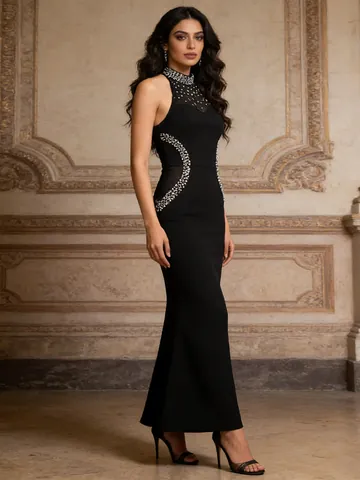 Abito da Donna Retrò Elegante Aderente Con Colletto Qipao Senza Maniche Vita Alta Tinta Unita Strass Sirena Abito da Sera Lungo