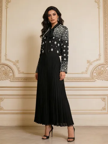 Elegant Heavy Craft Beaded Rhinestone Women Skirt Set Retro Sophisticated Top And Bottom Polyester Pleated Maxi Skirt Suit