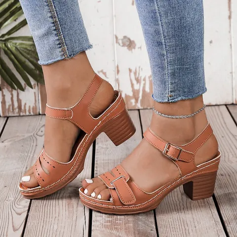 Women Roman Sandals Peep Toe Chunky Heel Velcro Straps Casual Platform Sandals Plus Size Synthetic Leather Summer Outdoor Sandals